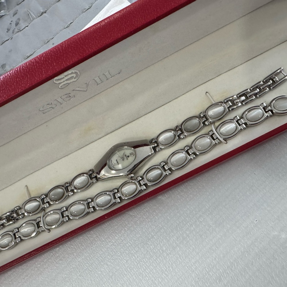 Silver and White Sevil Watch Bracelet Set